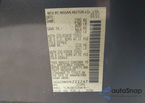 2015 Nissan Murano Sv from USA, damaged, VIN 5N1AZ2MH1FN221247